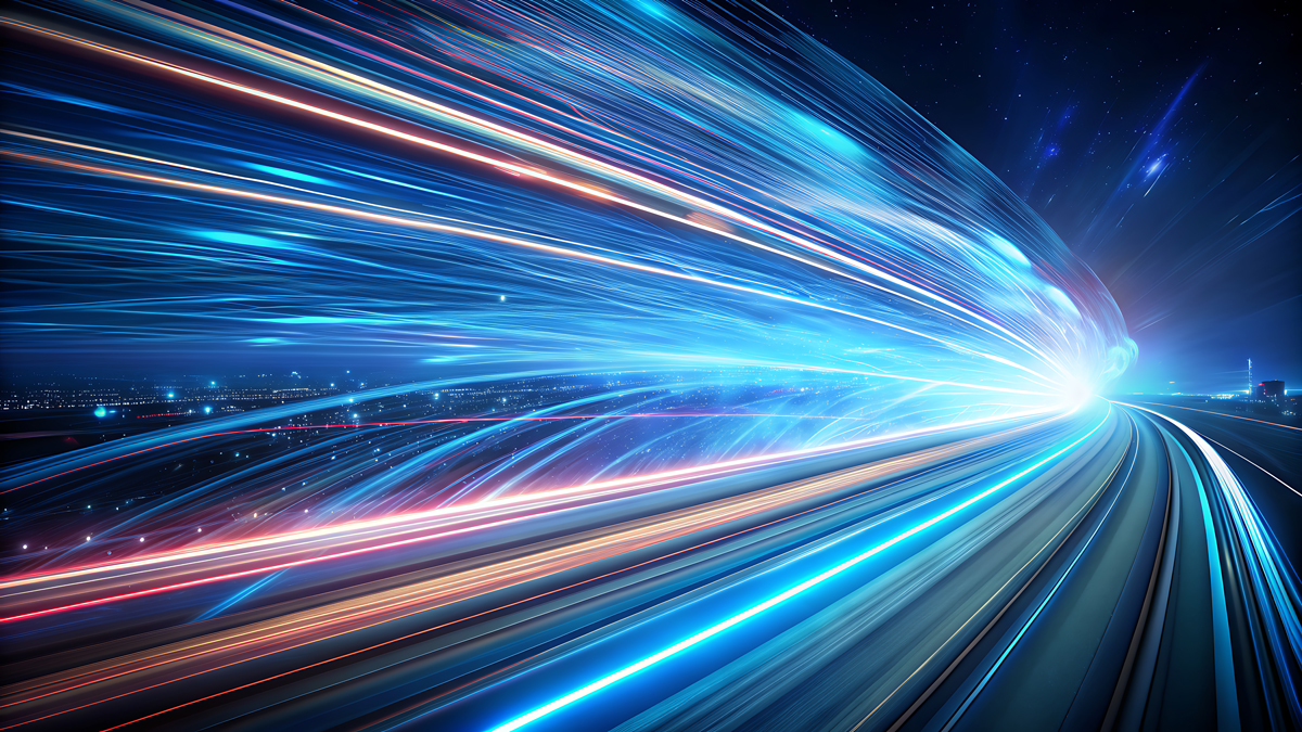 Abstract glowing blue and orange light streaks racing along a curved highway into a bright vanishing point