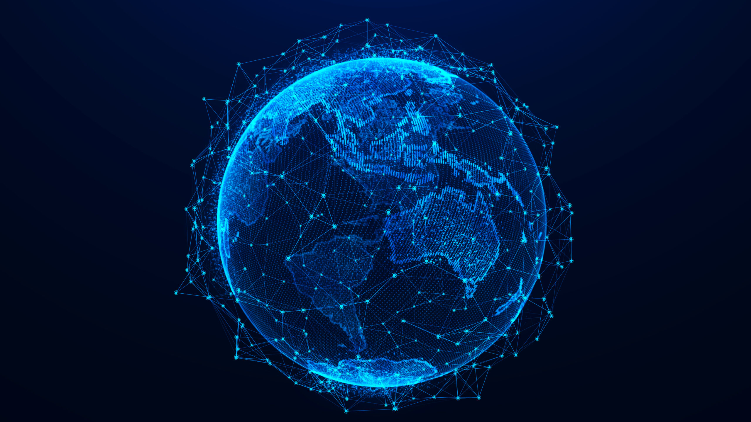 Glowing digital Earth rendered in blue neon wireframe surrounded by an interconnected network of nodes representing global connectivity